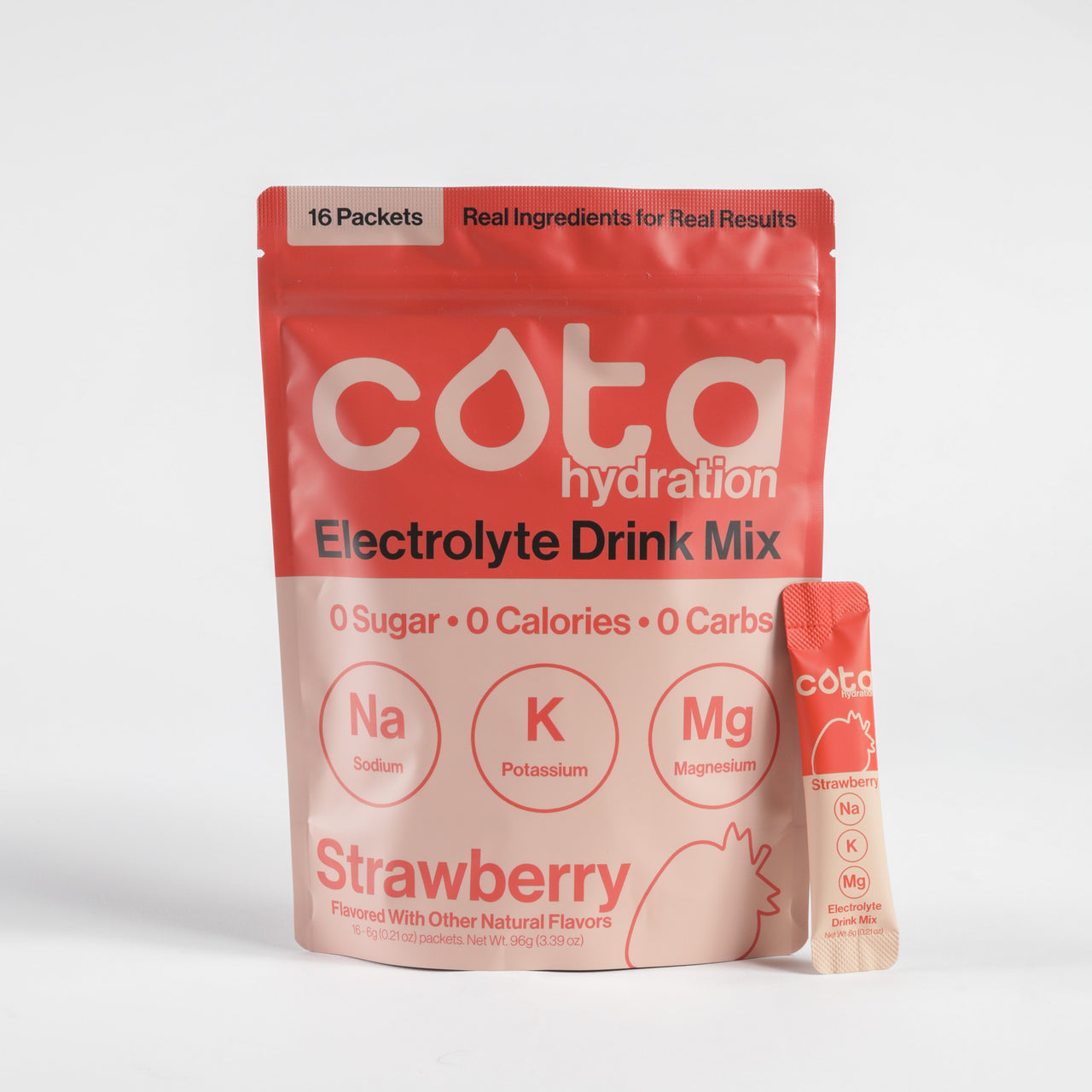 Cota Hydration Strawberry Electrolyte Drink Mix package and single packet on a white background