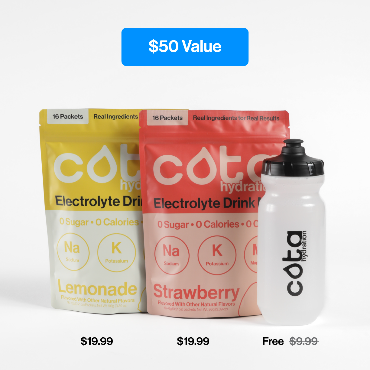 Cota Hydration electrolyte drink mix bags and a Cota Hydration water bottle on a white background with pricing displayed.