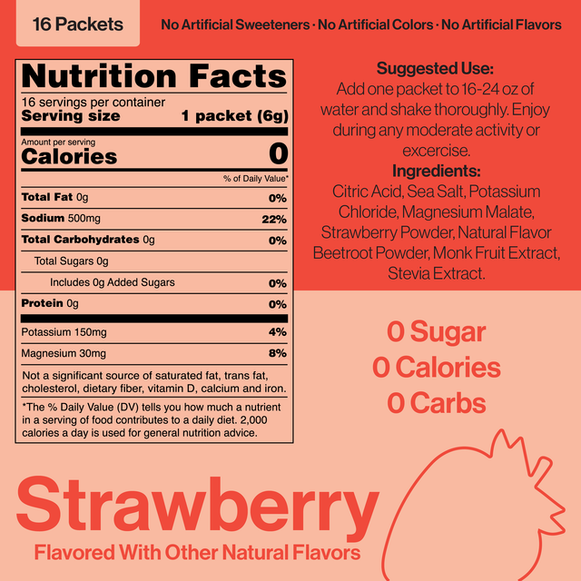 Cota Hydration strawberry electrolyte drink mix nutrition label 16 packets 0 sugar 0 calories 0 carbs