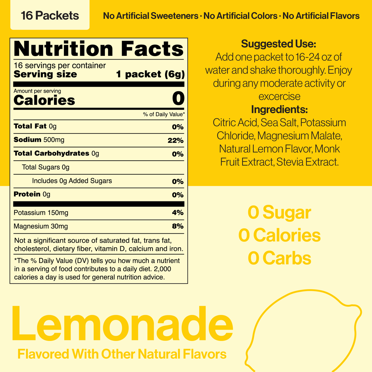 Cota Hydration lemonade electrolyte drink mix nutrition label 16 packets 0 sugar 0 calories 0 carbs