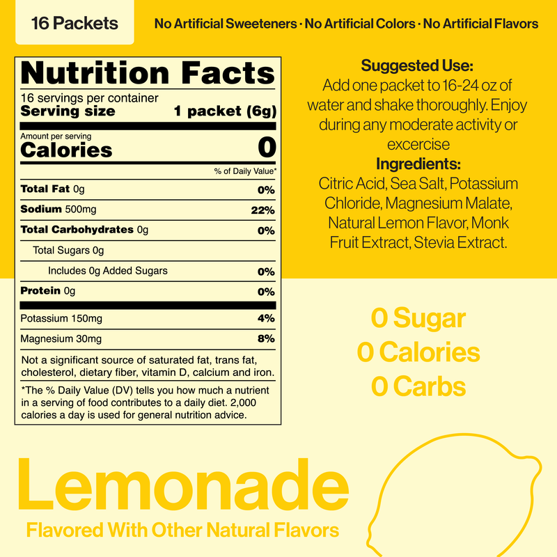 Cota Hydration lemonade electrolyte drink mix nutrition label 16 packets 0 sugar 0 calories 0 carbs