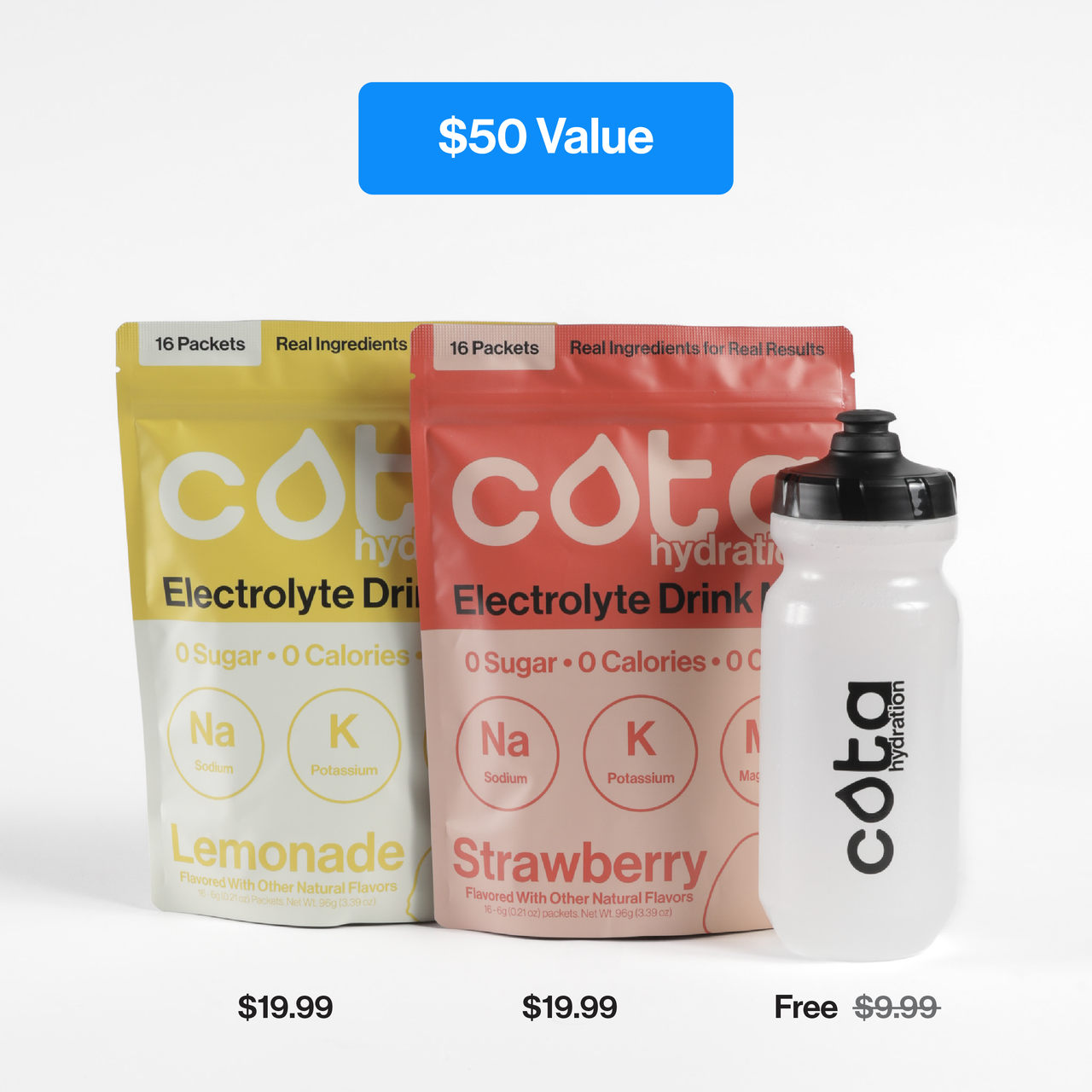 Cota Hydration lemonade and strawberry electrolyte bag with cota hydration clear water bottle with pricing above and below on a white background